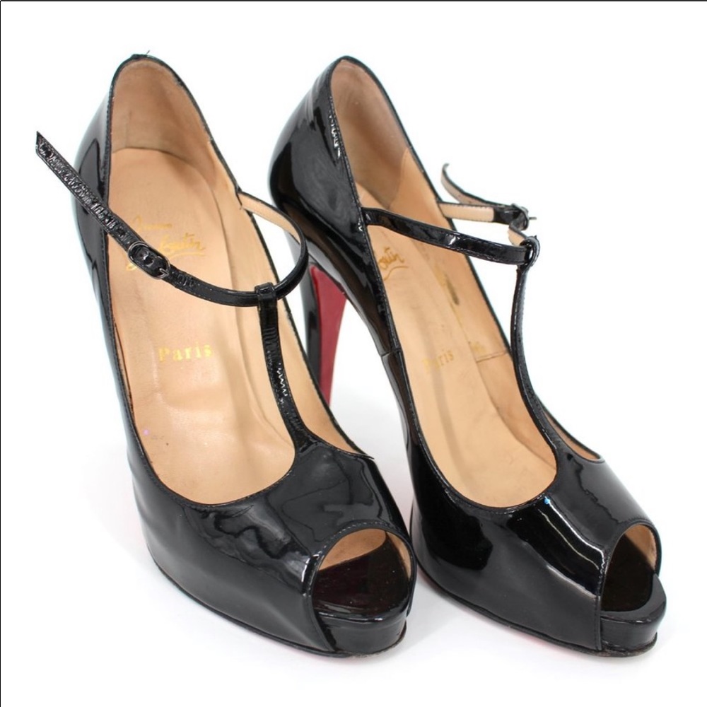 Christian Louboutin Black Patent Leather T-Strap Peep Toe Heels with Red Soles